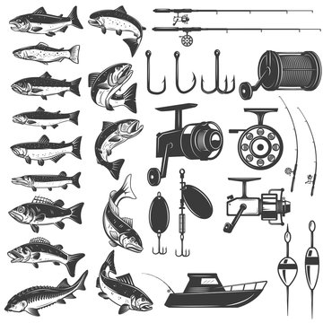 Set of fishing icons. Fish icons, fishing rods. Design element for logo, label, emblem, sign.