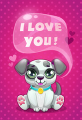 Little cute cartoon sitting dalmatian puppy saying I Love You 