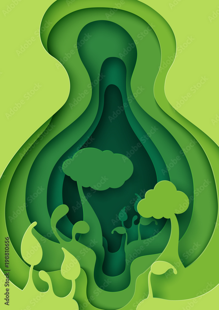 Aufkleber Tree and forest in green leaf paper layer cut abstract nature background.Ecology and environment conservation concept design paper art style.Vector illustration.