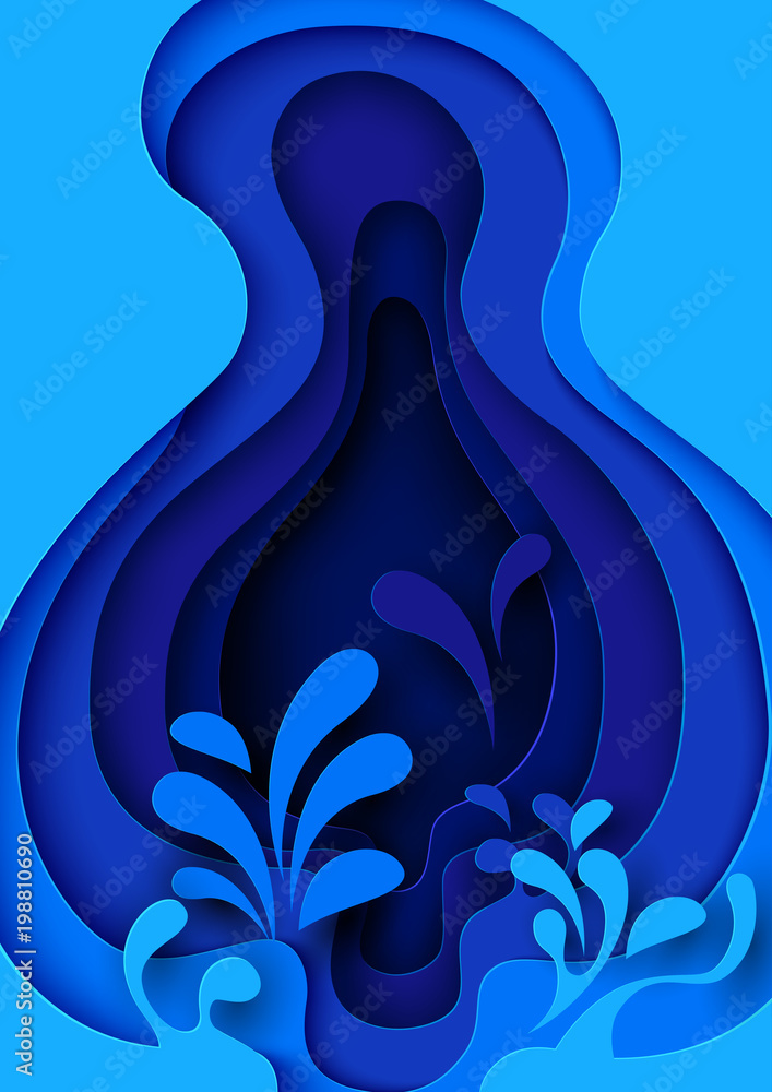 Poster Save water with leaf shape paper layer cut abstract background.Ecology and environment conservation concept design paper art style.Vector illustration.