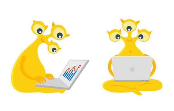 Three-eyed yellow alien character is sitting with laptop looks at the diagram. Face and profile. Flat color vector illustration