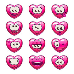 Fototapeta premium Cute cartoon pink heart emoji set.