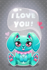 Little cute cartoon sitting bunny saying I Love You.
