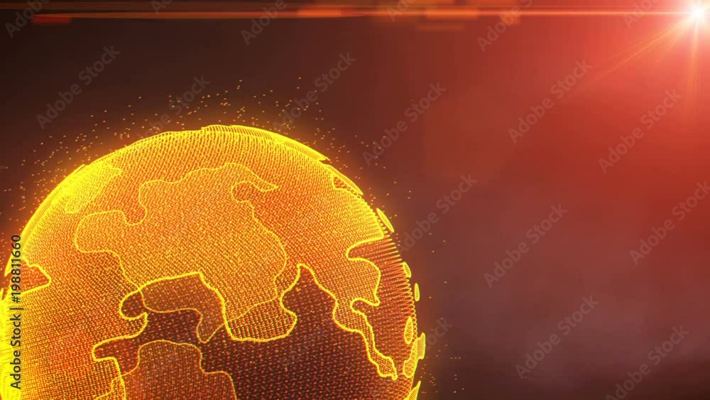 Poster Earth Rotating Hi Technology Scifi Graphic Animation. Abstract Virtual Futuristic Motion Spin Particle Layer Globe In Galaxy Space With Orange Sun Flare Future Communication Idea Concept Design.