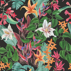 Naklejki  Akwarela malarstwo bezszwowe wzór z pięknymi tropikalnymi kwiatami na ciemnym tle