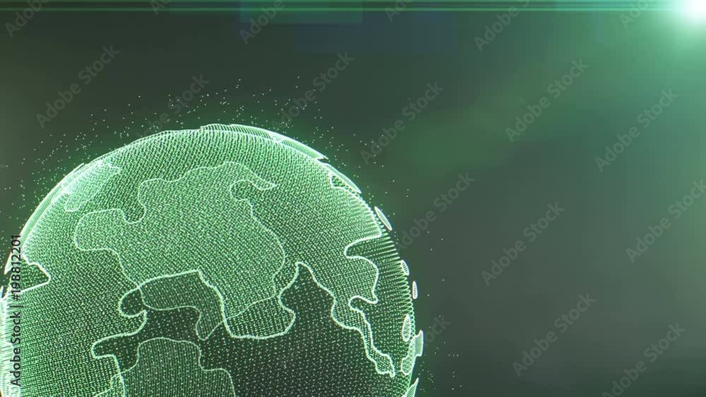 Poster Earth Rotating Hi Technology Scifi Graphic Animation. Abstract Virtual Futuristic Motion Spin Particle Layer Globe In Galaxy Space With Green Sun Flare Future Communication Idea Concept Design.