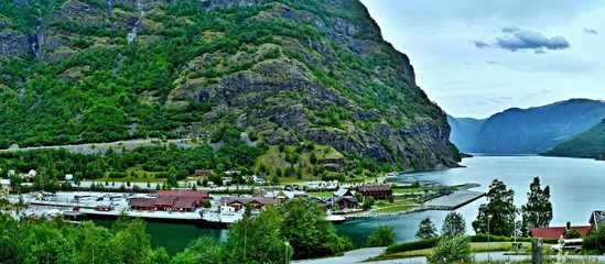 Room darkening curtains City on the water Norway-panoramic view on the port in town Flam
