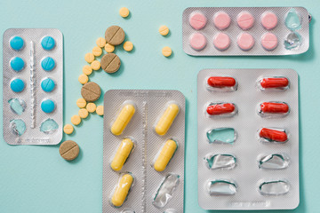 Full frame variation of medicine in blister packaging in pharmaceutical, medication concept background with multiple dosage form for cure or treatment human disease