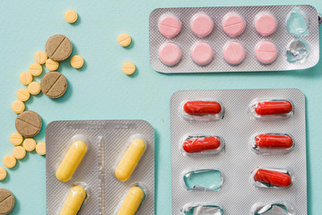 Full frame variation of medicine in blister packaging in pharmaceutical, medication concept background with multiple dosage form for cure or treatment human disease