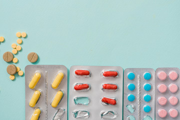 Full frame variation of medicine in blister packaging in pharmaceutical, medication concept background with multiple dosage form for cure or treatment human disease