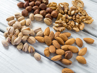 Mix nuts, Walnuts, pistachios, hazelnuts and almonds on the table