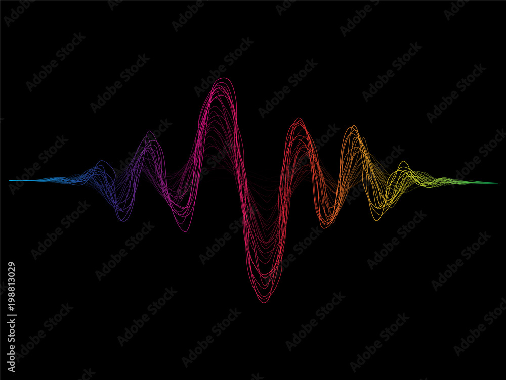 Poster Vector sound wave lines dynamic colorful flowing on black background for music concept background.