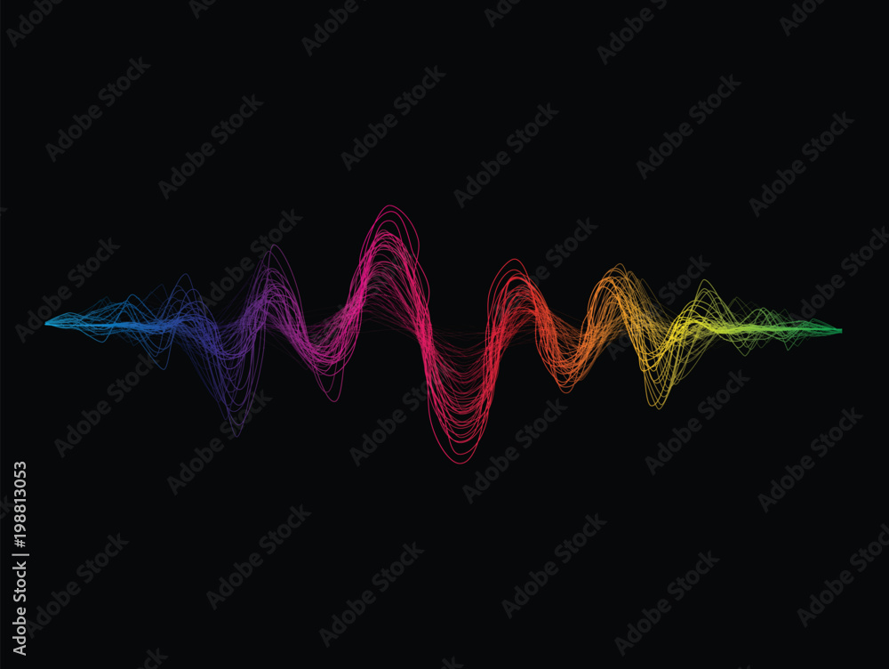 Poster Vector sound wave lines dynamic colorful flowing on black background for music concept background.