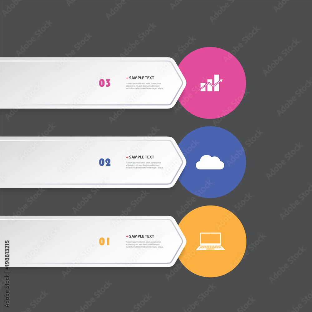 Poster colorful modern style infographics design - horizontal arrow shaped numbered list items with icons