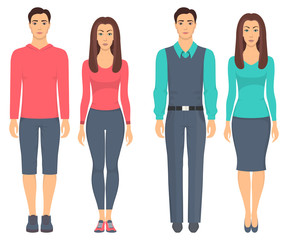 Obraz premium Men and women standing in full growth in different clothes. Couples in casual and sport clothes. Basic wardrobe. Vector illustration, isolated.