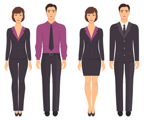 Men and women standing in full growth in formal clothes. Couples in elegant and casual clothes. Basic wardrobe. Vector illustration, isolated.