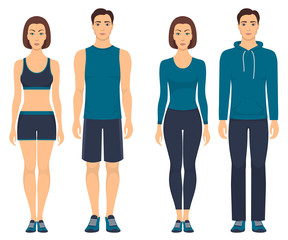 Obraz premium Couples in sportswear. Young men and women standing in full growth in different sports clothes for exercises in gym, running, fitness. Vector illustration, isolated.