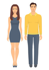 Couple in elegant clothes. Young man and woman standing in full growth in casual clothes. Basic wardrobe. Vector illustration, isolated.