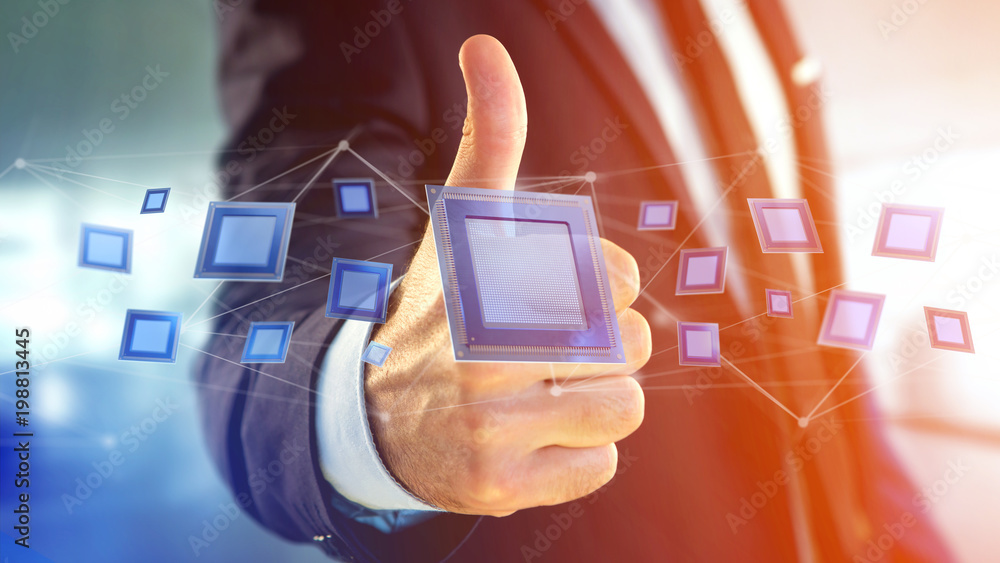 Poster processor chip and network connection - 3d render