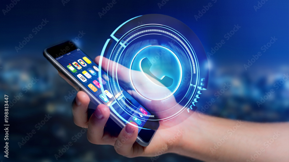 Poster businessman using a shinny technologic phone button on his smartphone - 3d render