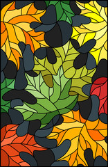 Illustration in stained glass style with colorful leaves on dark background