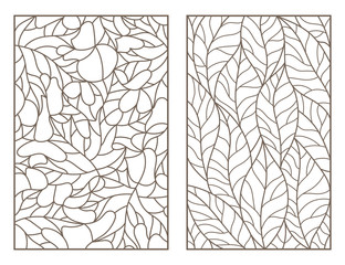 Set of outline illustrations of stained glass Windows with leaves of different trees, dark outlines on light background