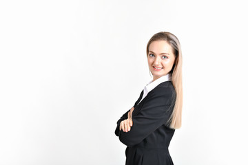 Business Concept. Beautiful businesswoman poses confidently. Beautiful young businesswoman looks charming and trustworthy. Young businesswoman has leadership on a white background.