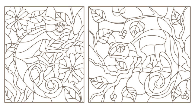 Set of contour illustrations of stained glass Windows with chameleons on tree branches dark contours on a light background