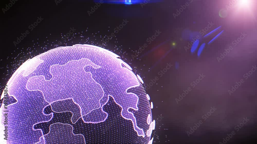 Poster Earth Rotating Hi Technology Scifi Graphic Animation. Abstract Virtual Futuristic Motion Spin Particle Layer Globe In Galaxy Space With Purple Sun Flare Future Communication Idea Concept Design.