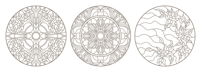 Set contour illustrations of stained glass, round stained glass floral, dark outline on a white background