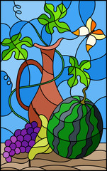 Naklejki  Ilustracja w stylu witrażu z martwą naturą, owocami, jagodami i dzbanem na niebieskim tle