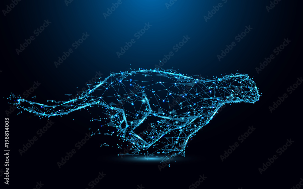 Leinwandbilder abstract cheetah running form lines and triangles, point connecting network on blue background. illu