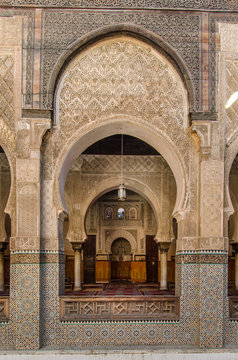 Fez Morocco old school with nice architecture. Also used for praying. The interior of Medersa Bou Inania in old town Fez.