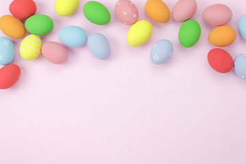 Table top view shot of decorations Happy Easter holiday background concept.Flat lay colorful bunny eggs on modern pink paper at office desk.Blank space design for mock up & add text.pastel tone.