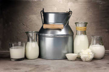milk products. tasty healthy dairy products on a table on