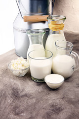 milk products. tasty healthy dairy products on a table on