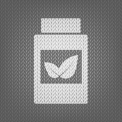 Supplements container sign. Vector. White knitted icon on gray k