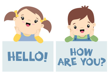 Cute Little Boy and Girl Kawaii Style With Banner, Hello and How are You Text Design Elements Set Flat Vector Illustration Isolated on White