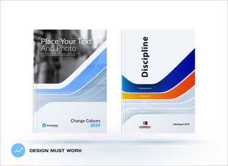Creative design of blue orange business brochure set, abstract horizontal cover layout, flyer in A4 with colourful smooth shapes