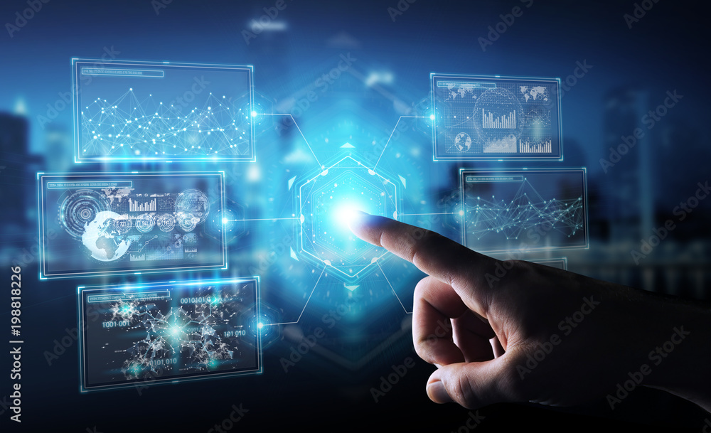 Aufkleber Businessman using digital screens interface with holograms datas 3D rendering