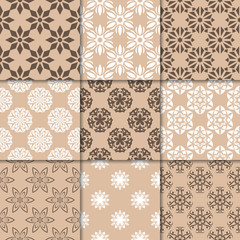 Brown beige floral ornaments. Collection of seamless patterns