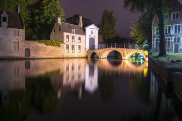 Lake of Love and Beguinage (Begijnhof) at night, Brugge, Belgium