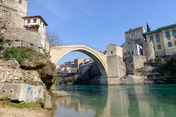 Fototapeta na wymiar Stari Most (Old Bridge) panaroma landscape city of Mostar in Bosnia
