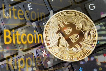 Bitcoin currency blockchain mining technology and internet trading bitcoin and crypto at online exchanges.  Copy space room for wording.