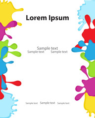 colored splash drain liquid paint stains on the sides.Bright background,back to school,baby shower,birthday.Colored border,frame greeting card.Isolated,white background.Vector