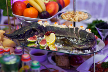 The food in the restaurant fish sturgeon on the tray