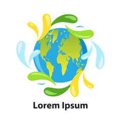 planet earth with continents. Around scatter colorful drops of paint.Space for your text.White background,isolated.Vector banner template, poster,flyer.Ecological concept