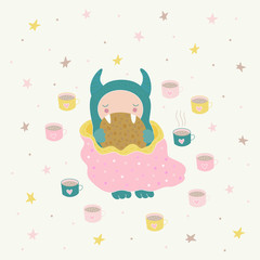 A cute monster under a blanket, eating a cookie, drinking a tea. Funny cartoon character, kids illustration. Can be used for making postcards, stickers, kids textile, or t-shirts. Vector art.