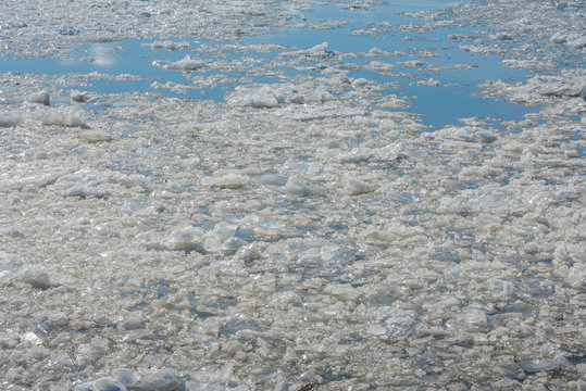 Spring ice drift on the river. The texture of the ice