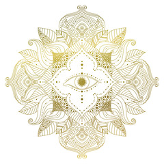 Fototapeta premium Hand drawn golden mandala with eye inside flower, and leaves in boho style. Isolated decorative ethnic asian element for a mehndi tattoo, stickers, yoga or clothes design. Vector art.